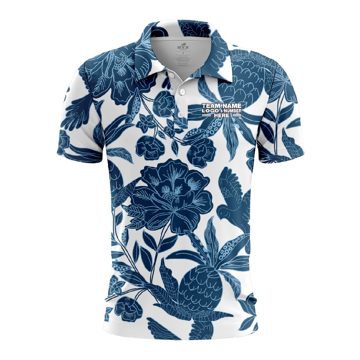 Custom Fully Sublimated Botanical Floral Two Pattern Blue White Performance Polo Shirt 6133