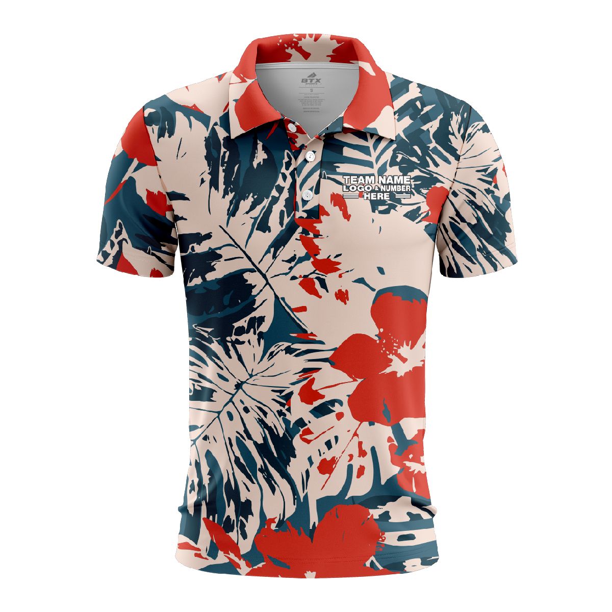 Custom Fully Sublimated Vibrant Tropical Floral Pattern Teal Red Pink Performance Polo Shirt 6225