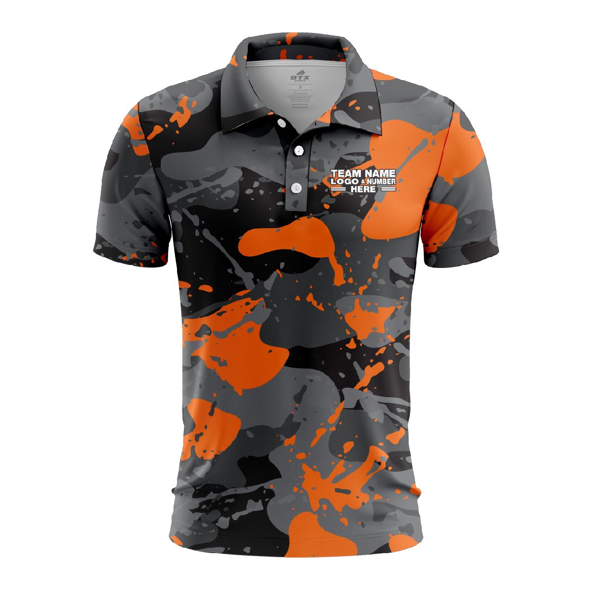 Custom Fully Sublimated Orange Splash Camo Pattern Black Gray Orange Black Performance Polo Shirt 6253