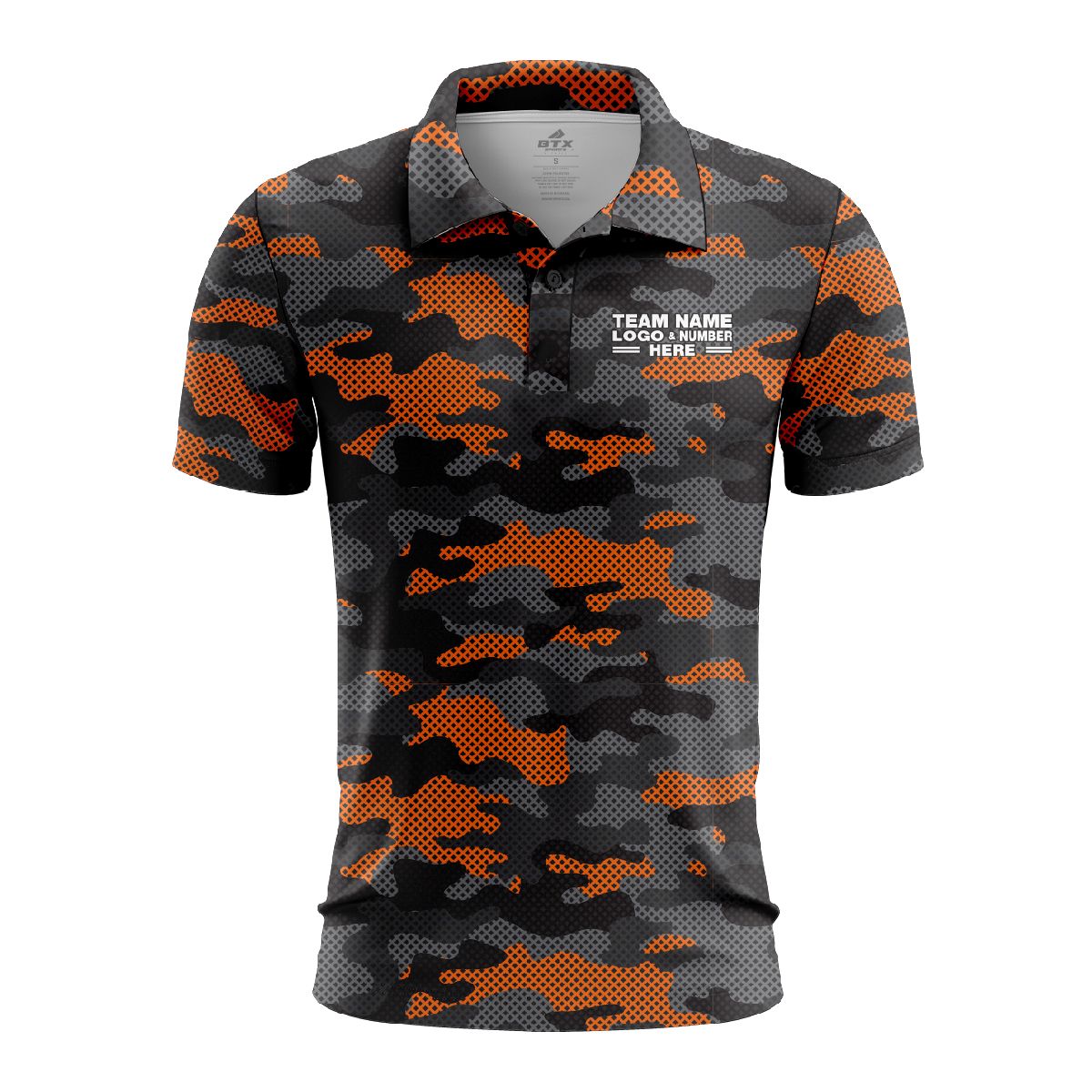 Custom Fully Sublimated Urban Camo Pattern Black Gray Orange Black Performance Polo Shirt 6260