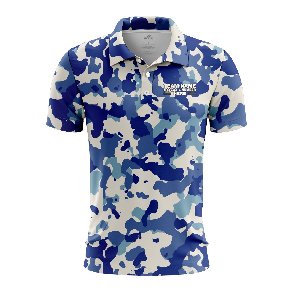 Custom Fully Sublimated Cool Camo Pattern Blue White Performance Polo Shirt 6281