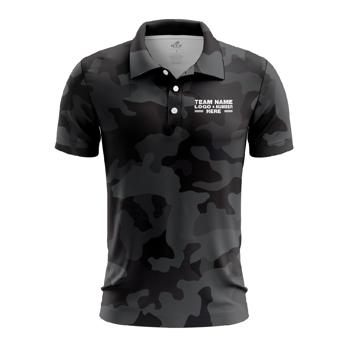 Custom Fully Sublimated Stealth Camo Pattern Black Gray Performance Polo Shirt 6288