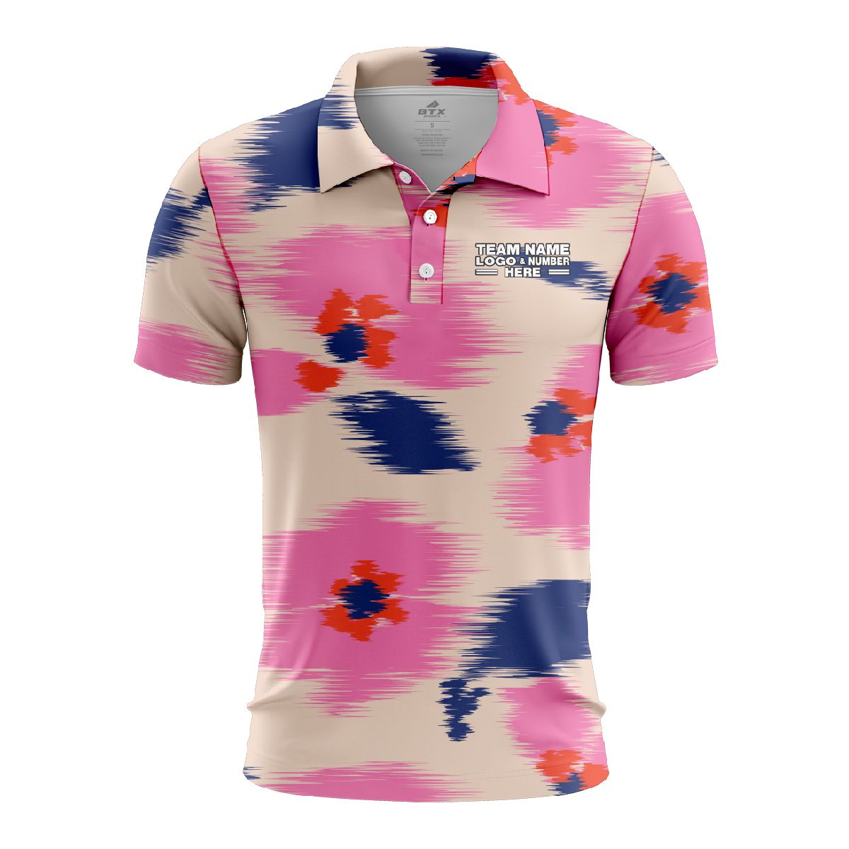 Custom Fully Sublimated Abstract Brushstroke Floral Two Pattern White Pink Blue Performance Polo Shirt 6295