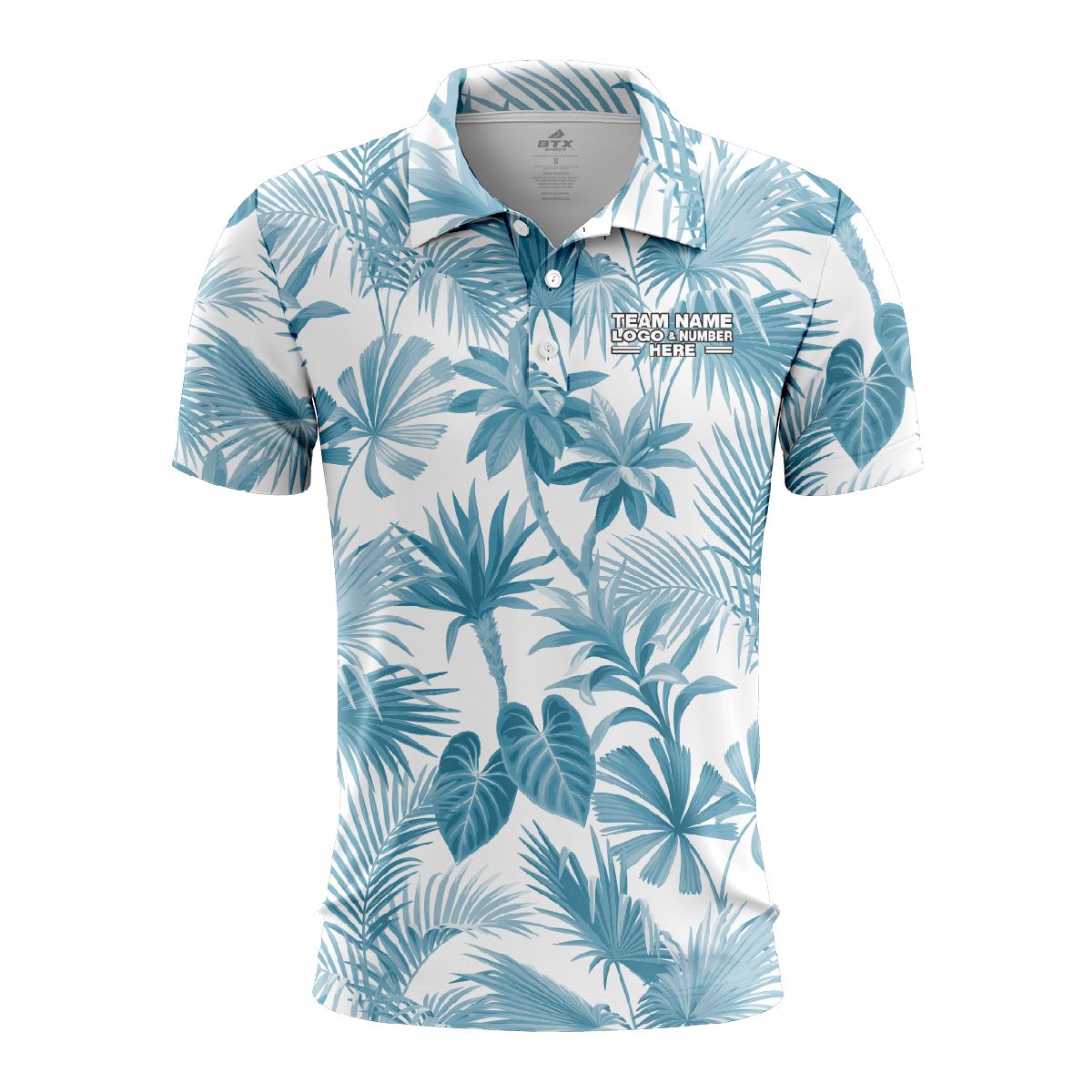 Custom Fully Sublimated Elegant Leaf Floral Two Pattern White Blue Performance Polo Shirt 6316