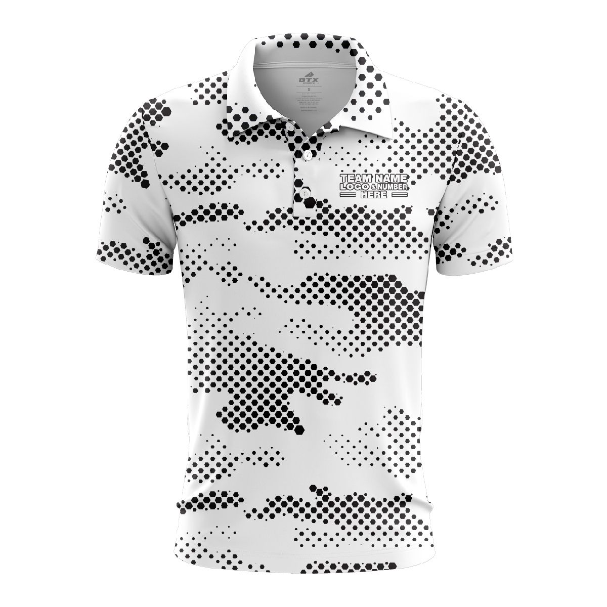 Custom Fully Sublimated Pixel Camo Pattern White Black Performance Polo Shirt 6323