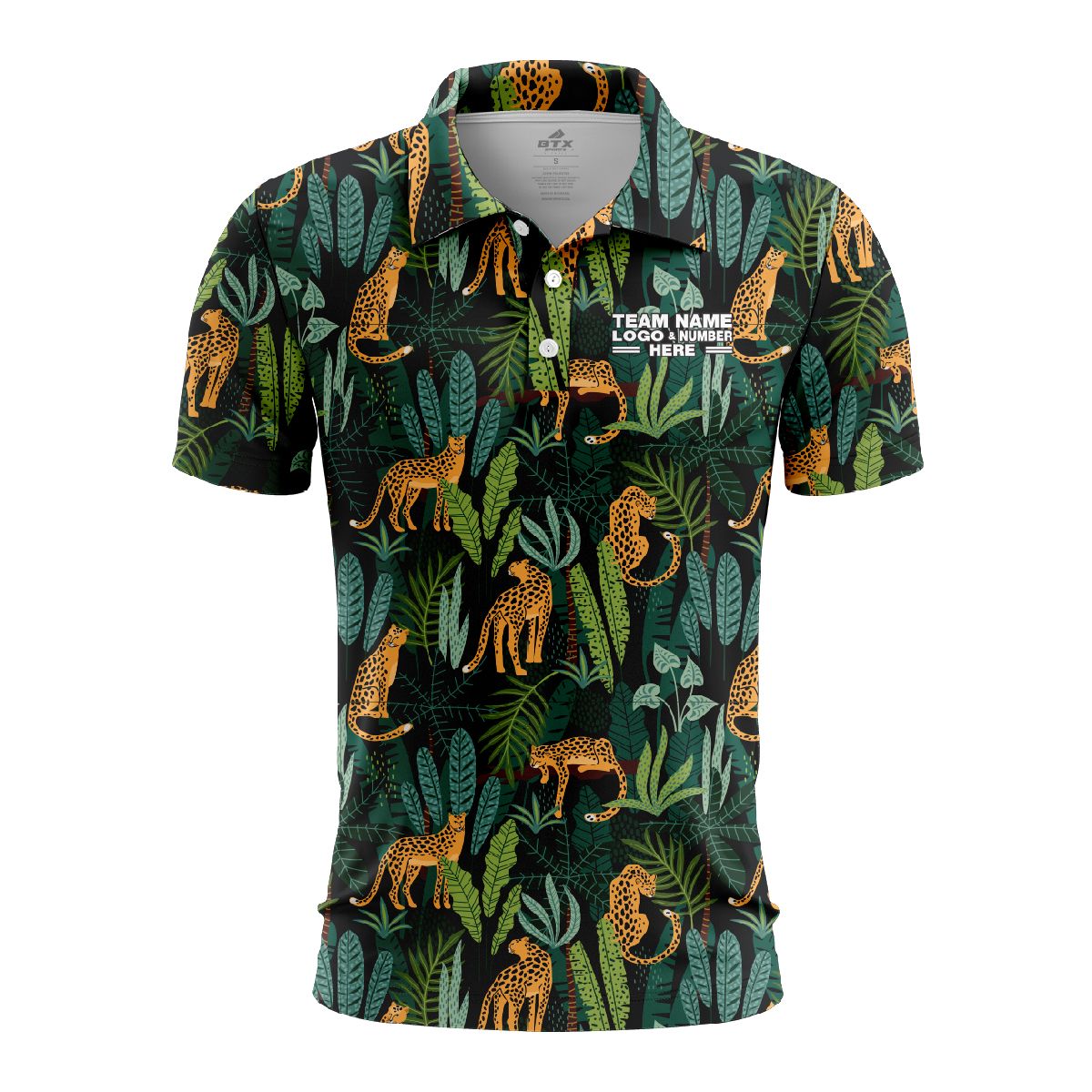 Custom Fully Sublimated Wild Jungle Floral Pattern Black Gold Green Performance Polo Shirt 6337