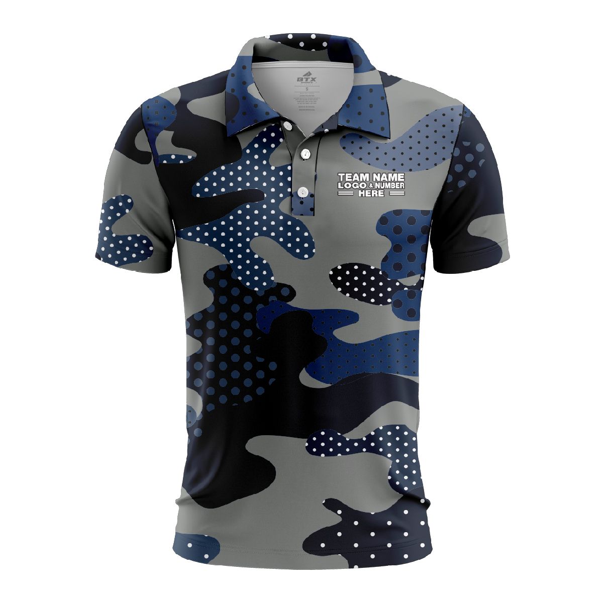 Custom Fully Sublimated Woodland Camo Pattern Dark Blue Gray Black Performance Polo Shirt 6351