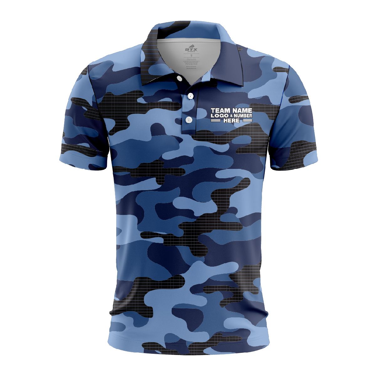 Custom Fully Sublimated Blues Classic Camo Pattern Performance Polo Shirt 6358