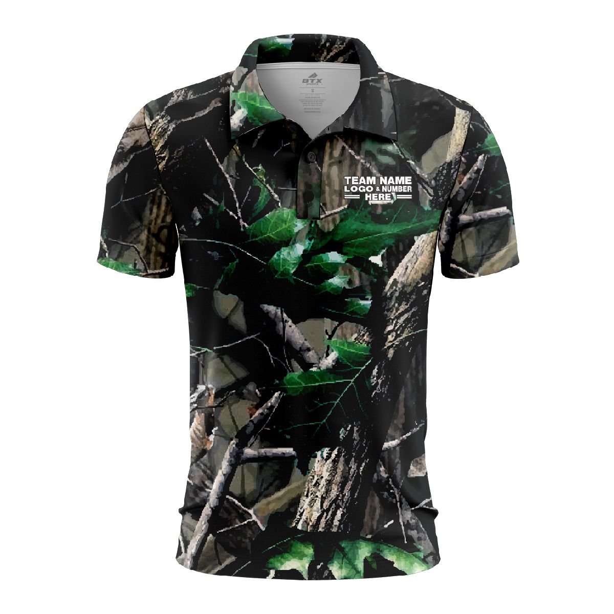 Custom Fully Sublimated Forest Floor Camo Pattern Black Green Performance Polo Shirt 6379