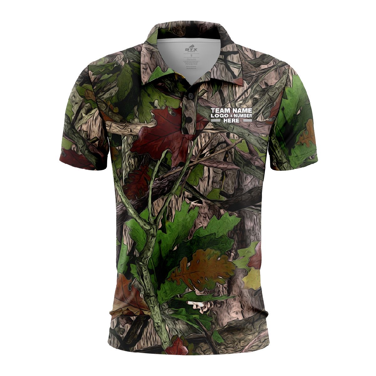 Custom Fully Sublimated Deep Woods Camo Pattern Black Brown Green Performance Polo Shirt 6400
