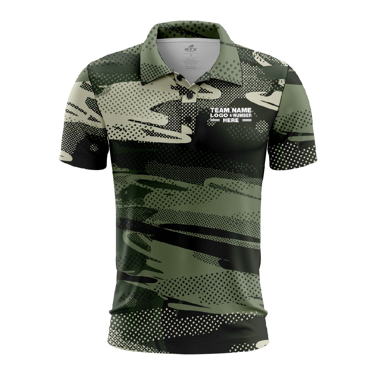 Custom Fully Sublimated Contemporary Woodland Camo Pattern Dark Green Black Performance Polo Shirt 6414