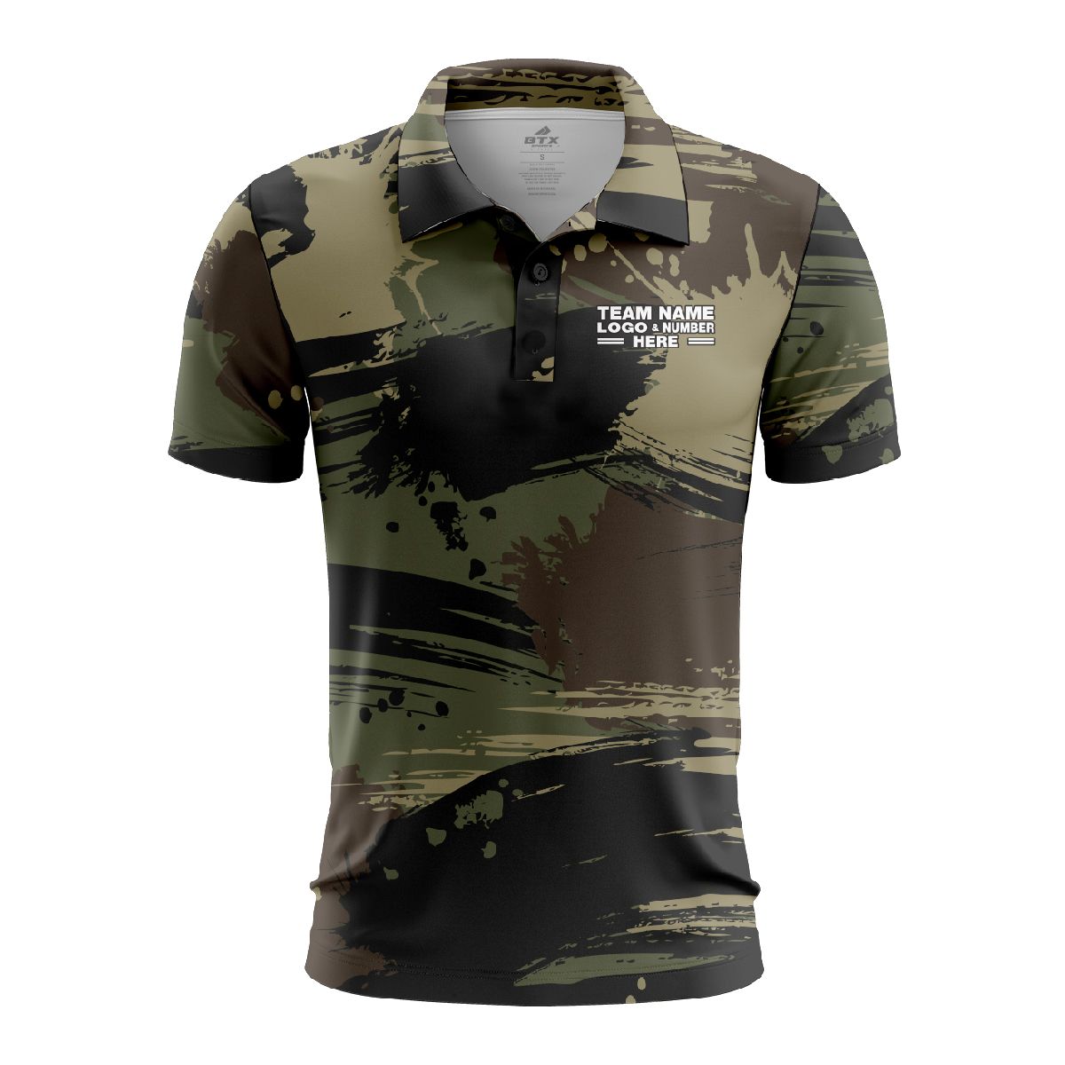 Custom Fully Sublimated Contemporary Woodland Camo Two Pattern Dark Green Black Performance Polo Shirt 6428