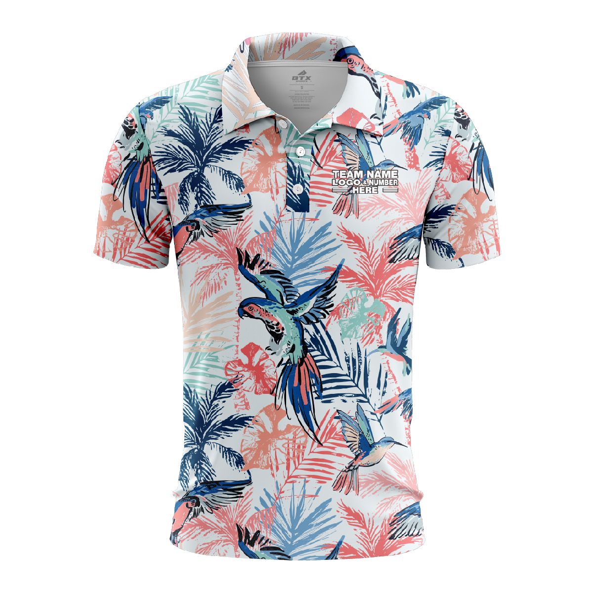 Custom Fully Sublimated Tropical Beach Floral Pattern White Pink Black Performance Polo Shirt 6449