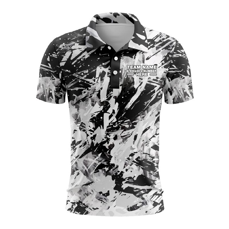 Custom Fully Sublimated Abstract Tie Dye Pattern White Black Performance Polo Shirt 6568