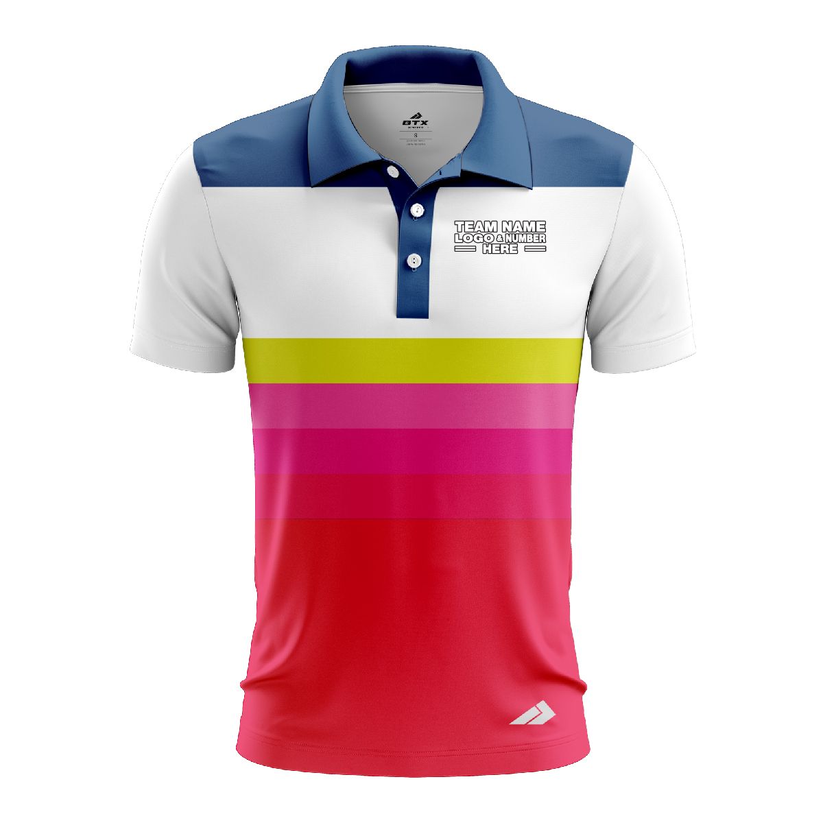 Custom Fully Sublimated Retro Stripe Neon Pattern Blue Yellow Pink Performance Polo Shirt 6694
