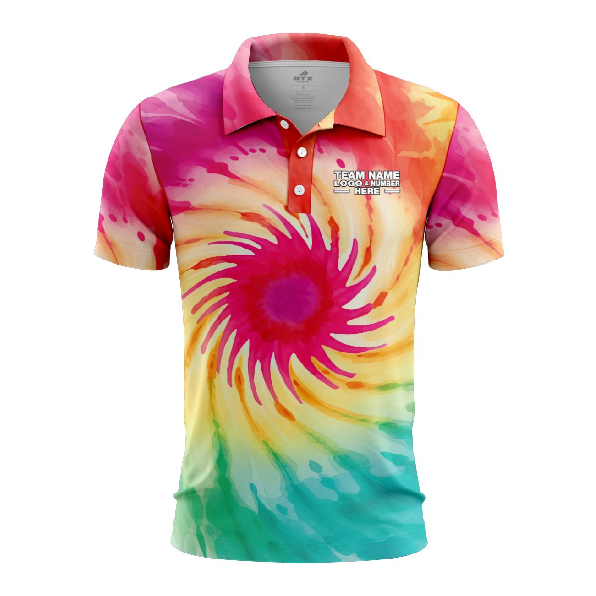 Custom Fully Sublimated Sunburst Strikers Tie Dye Pattern Multicolor Performance Polo Shirt 6960