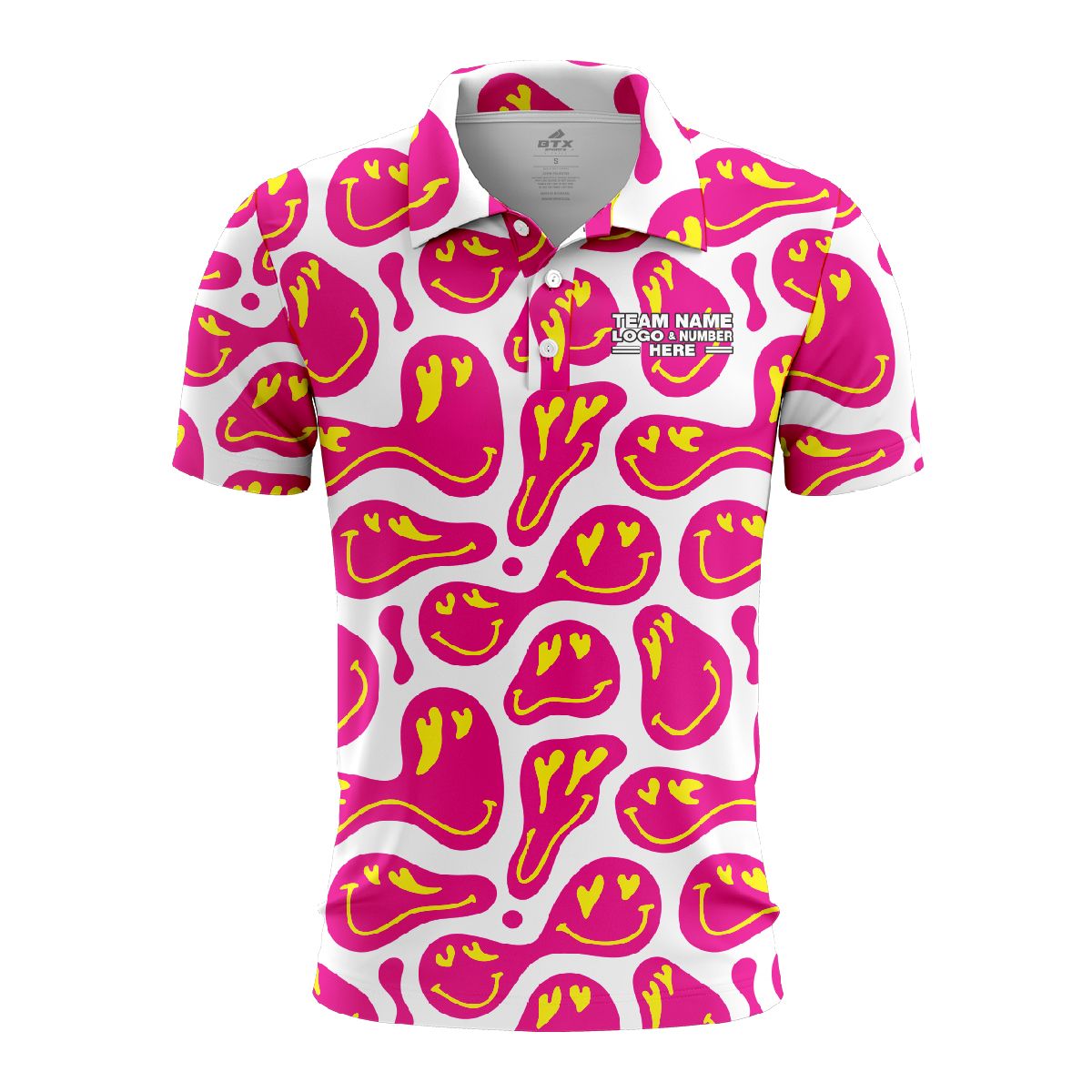 Custom Fully Sublimated Energetic Smiles Tie Dye Pattern Pink Yellow White Performance Polo Shirt 7121