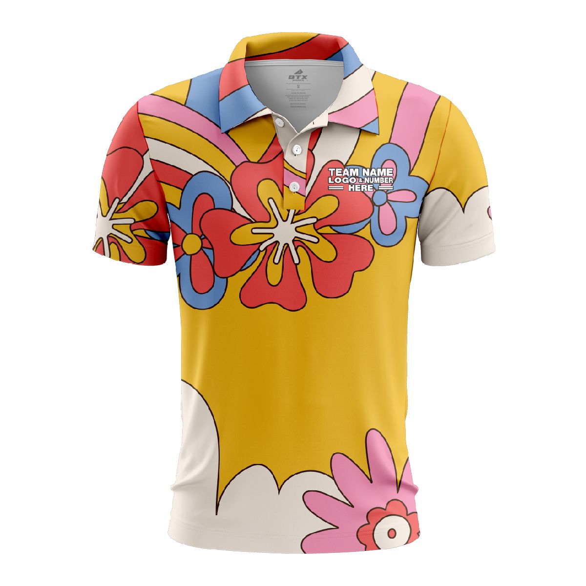 Custom Fully Sublimated Funky Florals Tie Dye Pattern Yellow Multicolor Performance Polo Shirt 7128