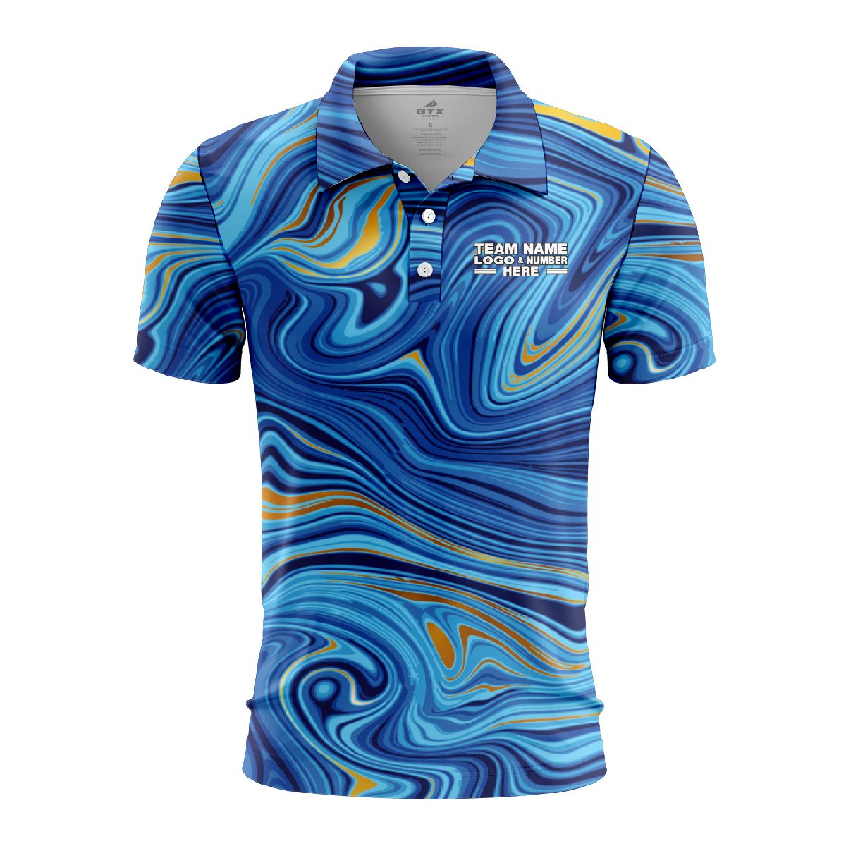 Custom Fully Sublimated Ocean Swirl Tie Dye Pattern Blues Performance Polo Shirt 7142