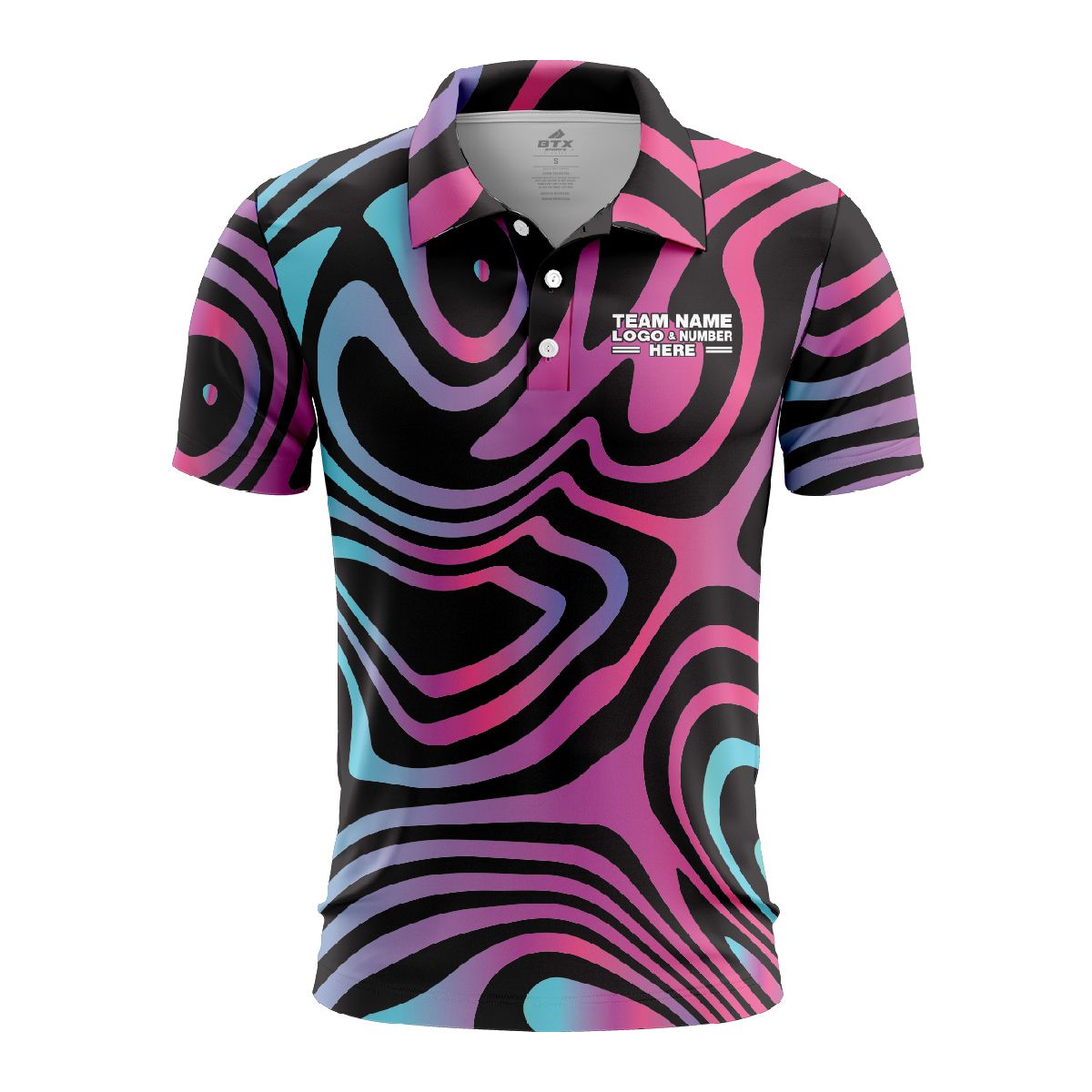Custom Fully Sublimated Mesmerizing Waves Tie Dye Black Pink Blue Performance Polo Shirt 7191