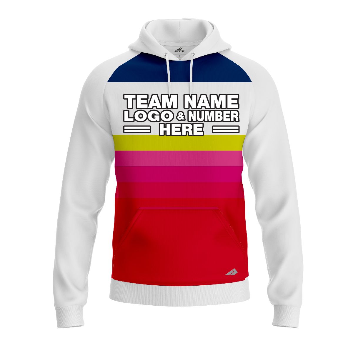 Custom Fully Sublimated Retro Stripe Neon Pattern Blue Yellow Pink Performance Sports Pullover Hoodie 07458