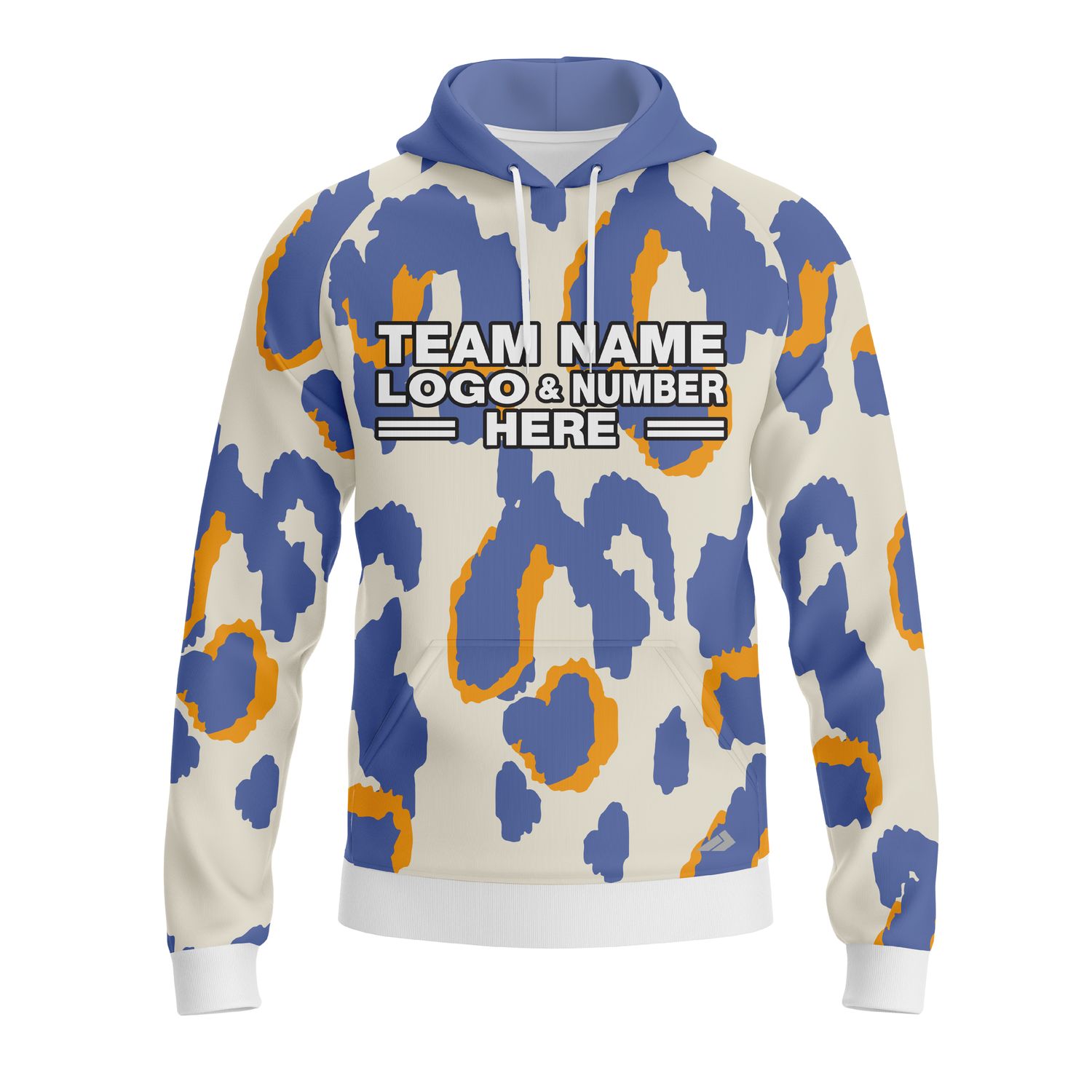 Custom Fully Sublimated Abstract Animal Print Two White Blue Orange Performance Sports Pullover Hoodie 07631
