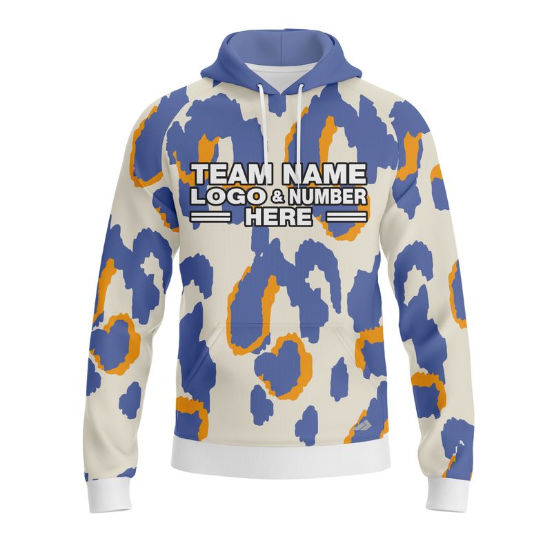 Custom Fully Sublimated Abstract Animal Print Two White Blue Orange Performance Sports Pullover Hoodie 07631