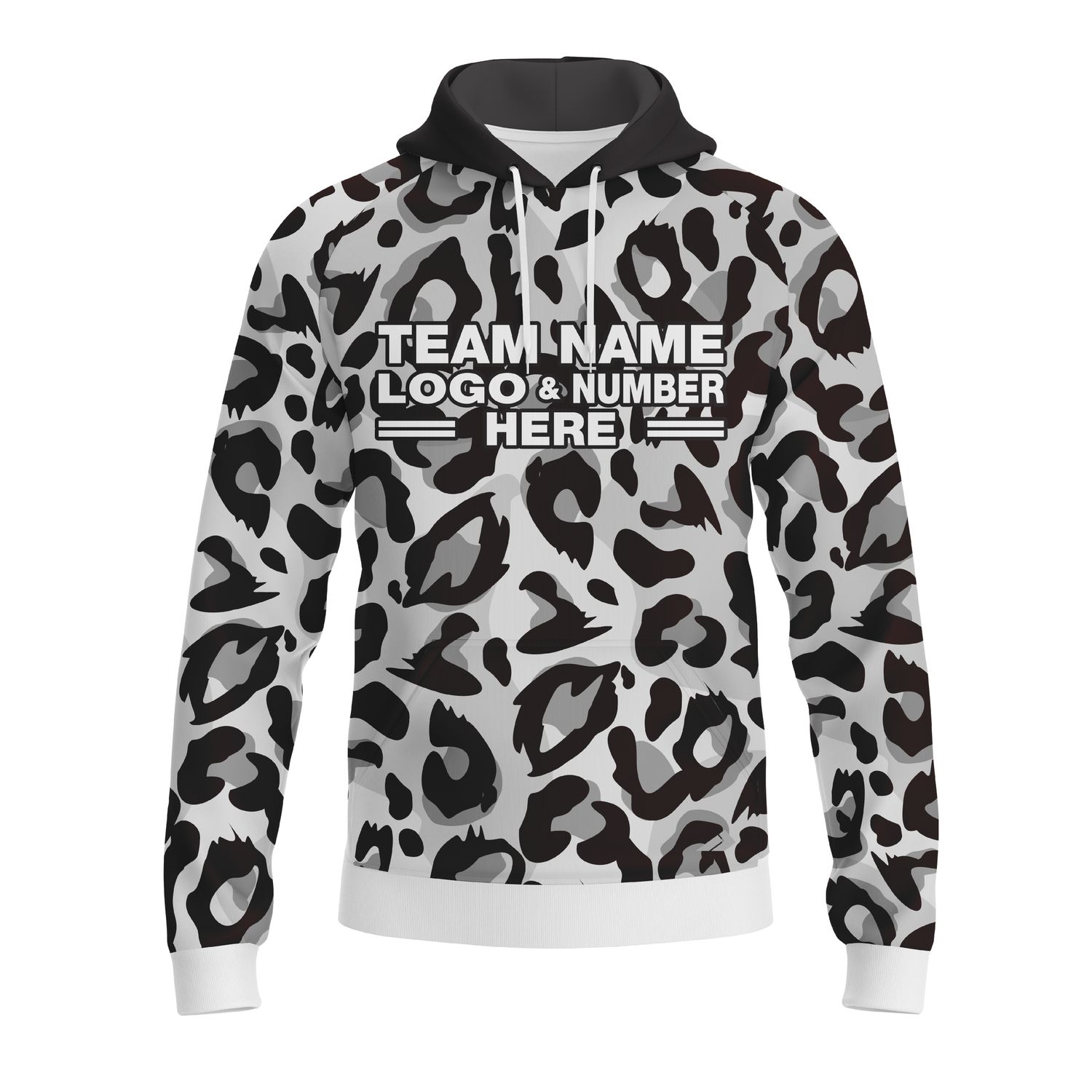 Custom Fully Sublimated Monochrome Leopard Animal Print Black White Performance Sports Pullover Hoodie 07650