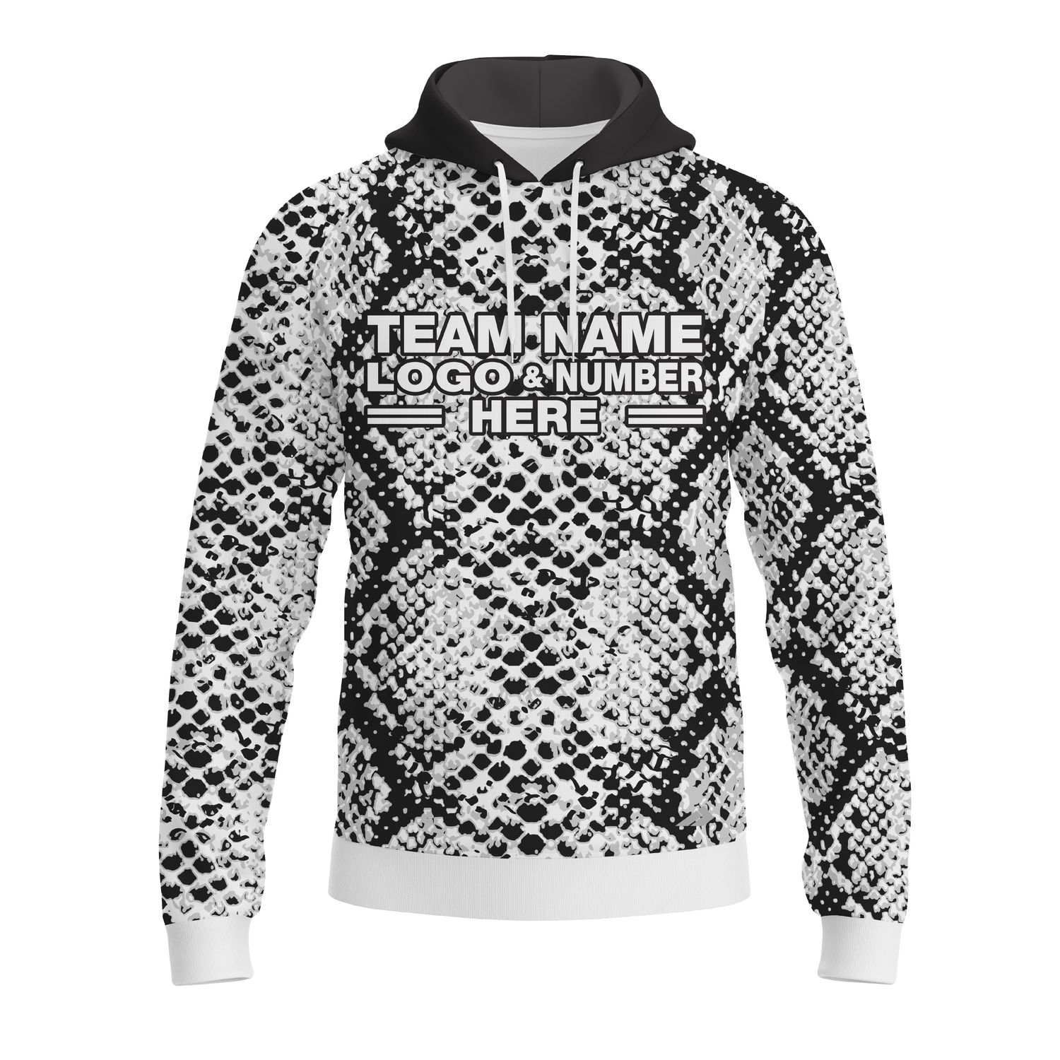 Custom Fully Sublimated Snake Animal Print Black White Performance Sports Pullover Hoodie 07674