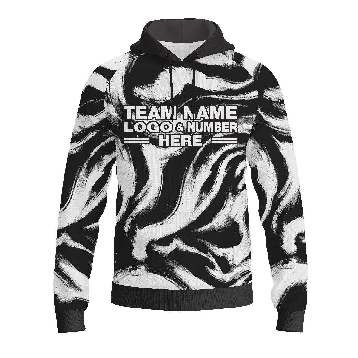 Custom Fully Sublimated Vibrant Monochrome Swirl Print Black White Performance Sports Pullover Hoodie 07696