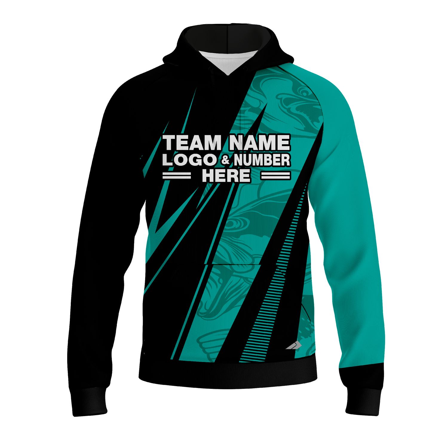 Custom Fully Sublimated Electric Fishing Pattern Black Teal Performance Sports Pullover Hoodie 07747