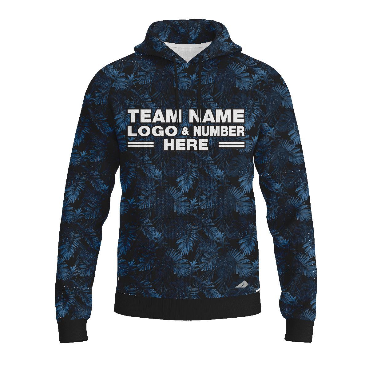 Custom Fully Sublimated Blue Foliage Floral Pattern Black Blue Performance Sports Pullover Hoodie 07864