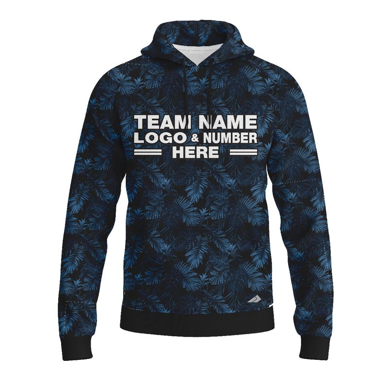 Custom Fully Sublimated Blue Foliage Floral Pattern Black Blue Performance Sports Pullover Hoodie 07864