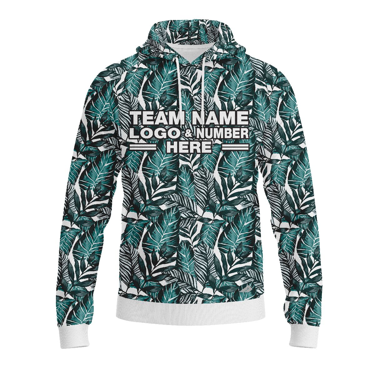 Custom Fully Sublimated Tropical Floral Pattern White Black Teal Performance Sports Pullover Hoodie 07866