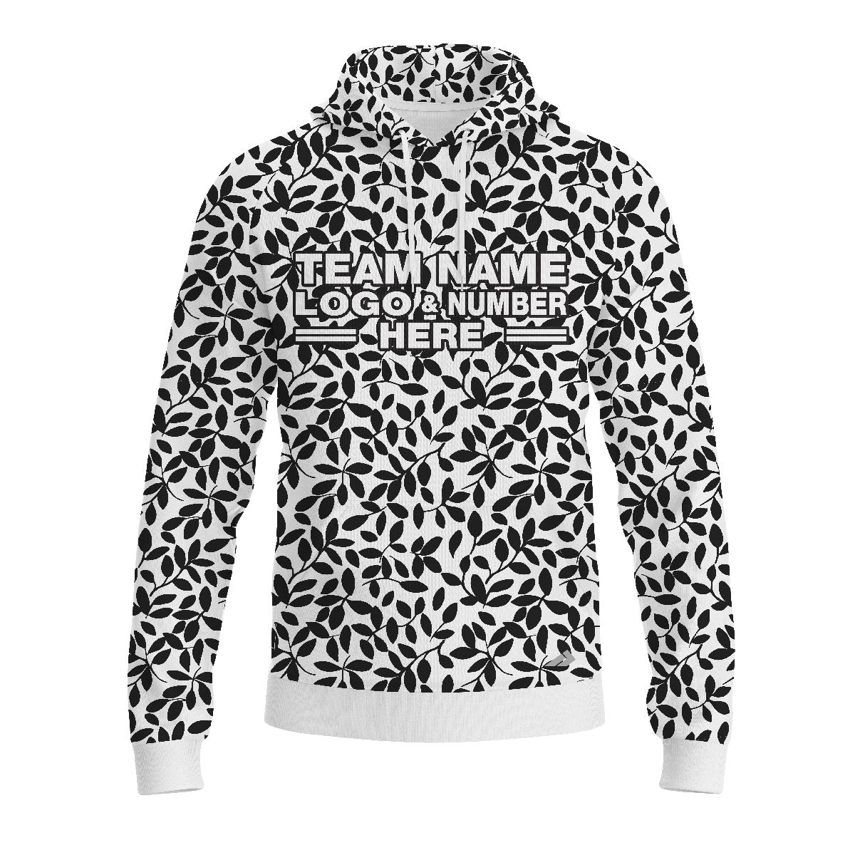 Custom Fully Sublimated Elegant Leaf Floral Pattern White Black Teal Performance Sports Pullover Hoodie 07868