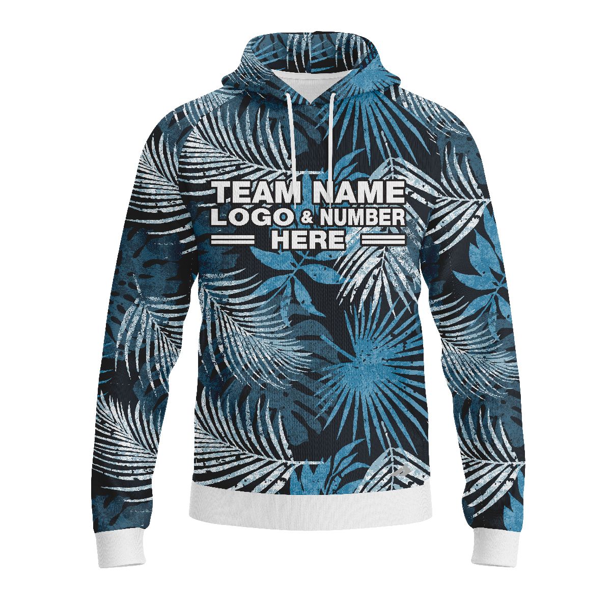 Custom Fully Sublimated Blue Foliage Floral Two Pattern Black Blue White Performance Sports Pullover Hoodie 07881