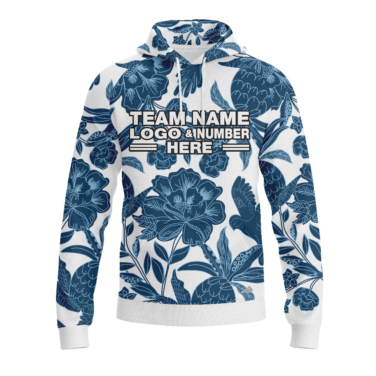 Custom Fully Sublimated Botanical Floral Two Pattern Blue White Performance Sports Pullover Hoodie 07887