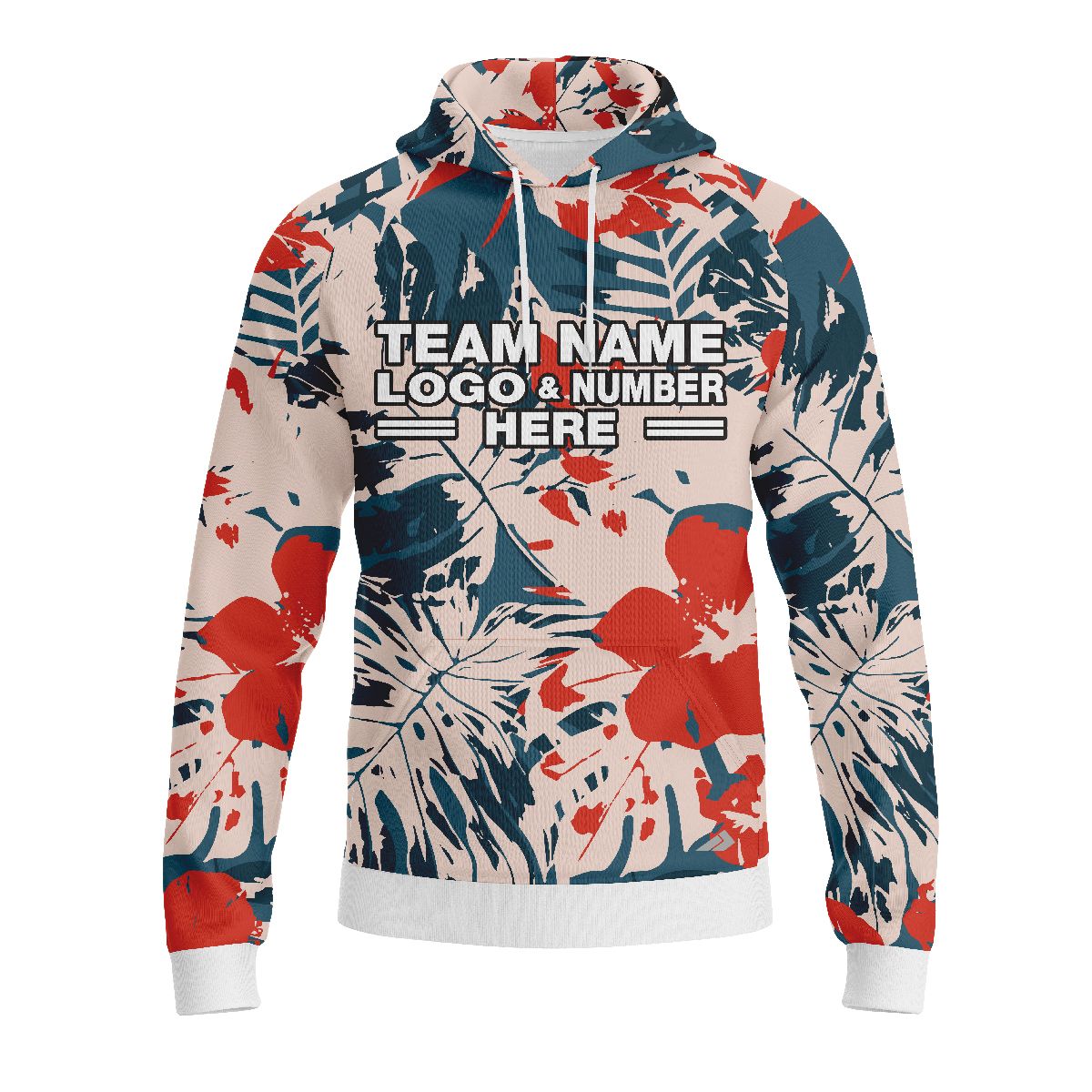 Custom Fully Sublimated Vibrant Tropical Floral Pattern Teal Red Pink Performance Sports Pullover Hoodie 07896