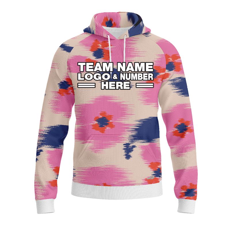 Custom Fully Sublimated Abstract Brushstroke Floral Two Pattern White Pink Blue Performance Sports Pullover Hoodie 07904