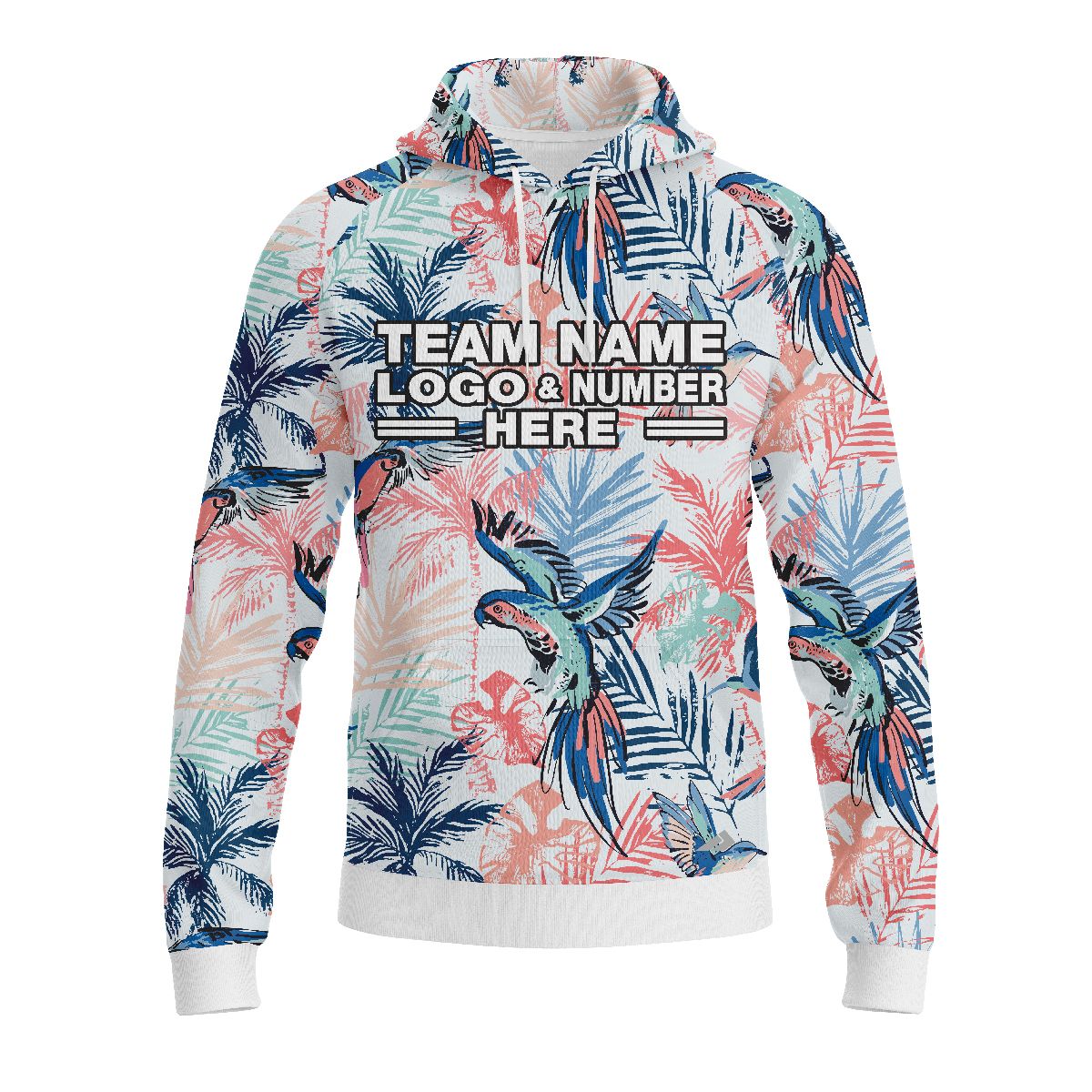 Custom Fully Sublimated Tropical Beach Floral Pattern White Pink Black Performance Sports Pullover Hoodie 07912