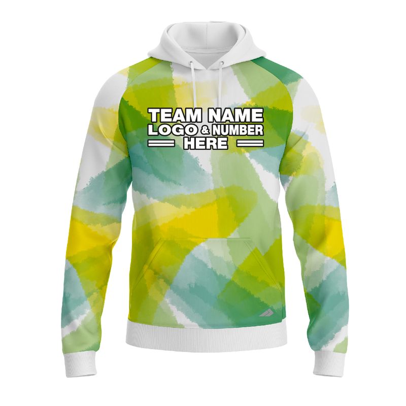Custom Fully Sublimated Blurred Blobs Tie Dye Pattern Green Yellow Performance Sports Pullover Hoodie 08513