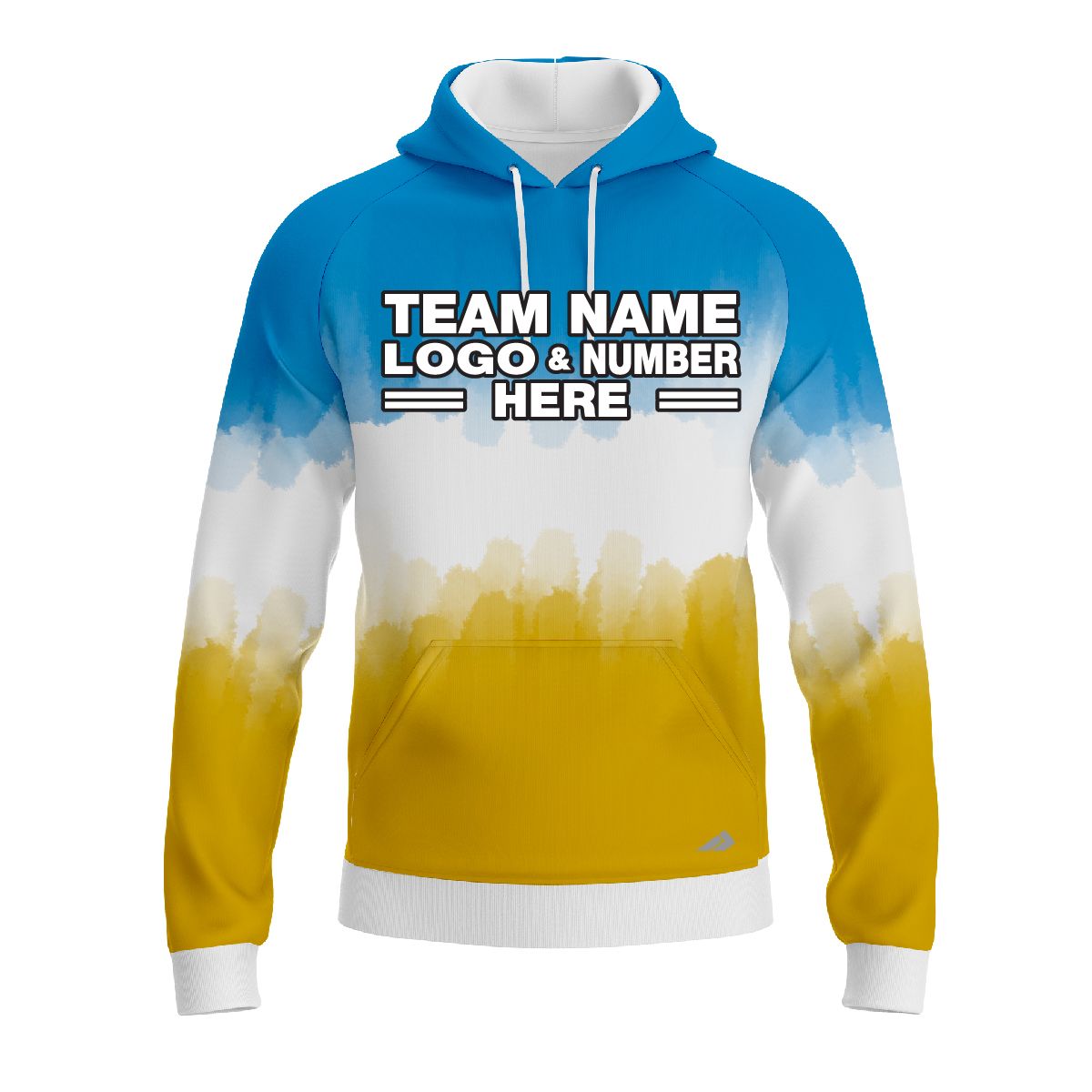 Custom Fully Sublimated Vibrant Tie Dye Pattern Tricolor White SkyBlue Yellow Performance Sports Pullover Hoodie 08682