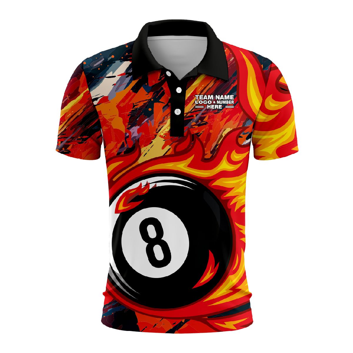 Custom Fully Sublimated Fireball Number Eight Pool Ball Pattern Performance Polo Shirt 08712