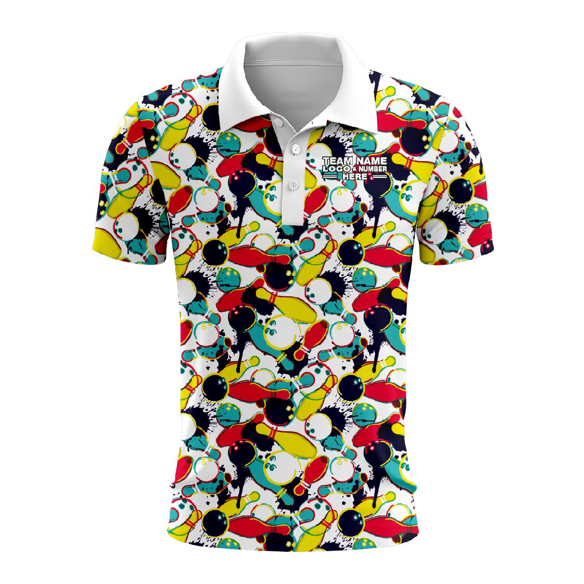Custom Fully Sublimated Colorful Bowling Frenzy Pattern Performance Polo Shirt 08719