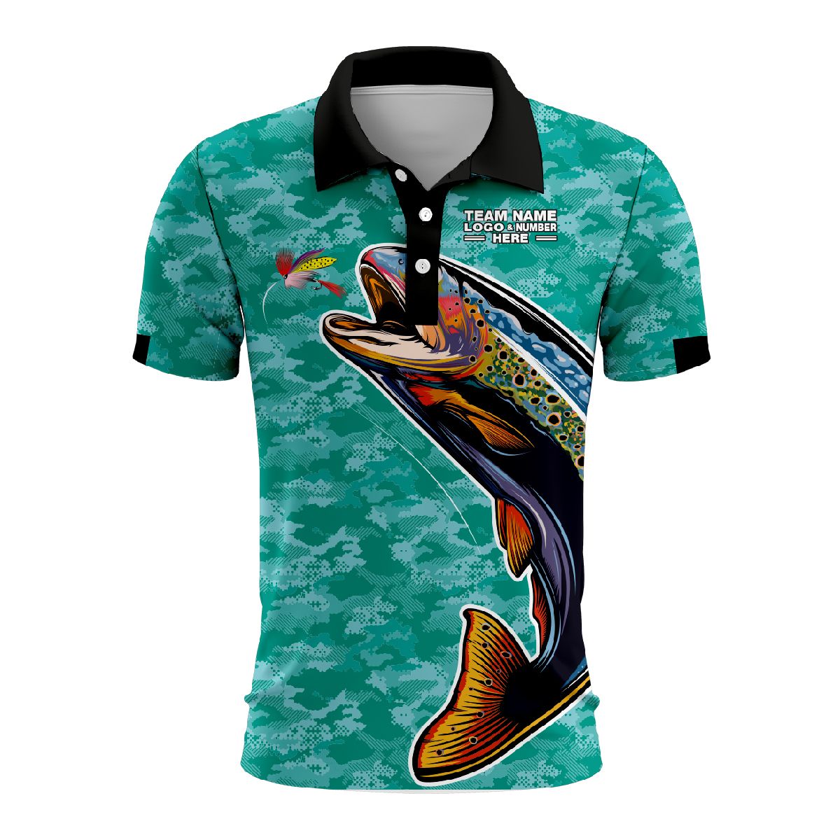 Custom Fully Sublimated Multicolor Fish Fishing Pattern  Performance Polo Shirt 08838