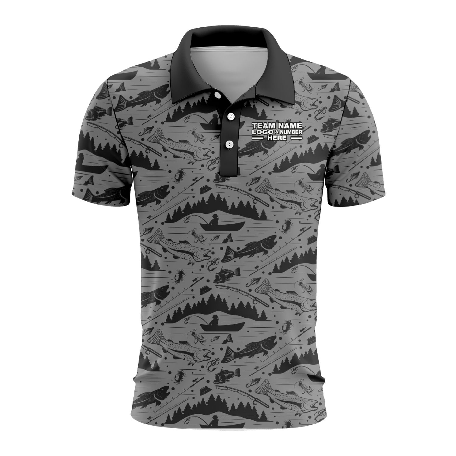 Custom Fully Sublimated Mosaic  Fishing Pattern Gray Performance Polo Shirt 08902