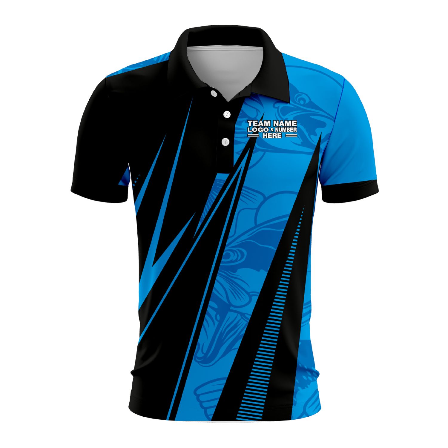 Custom Fully Sublimated Electric Fishing Pattern Black SkyBlue Performance Polo Shirt 09017