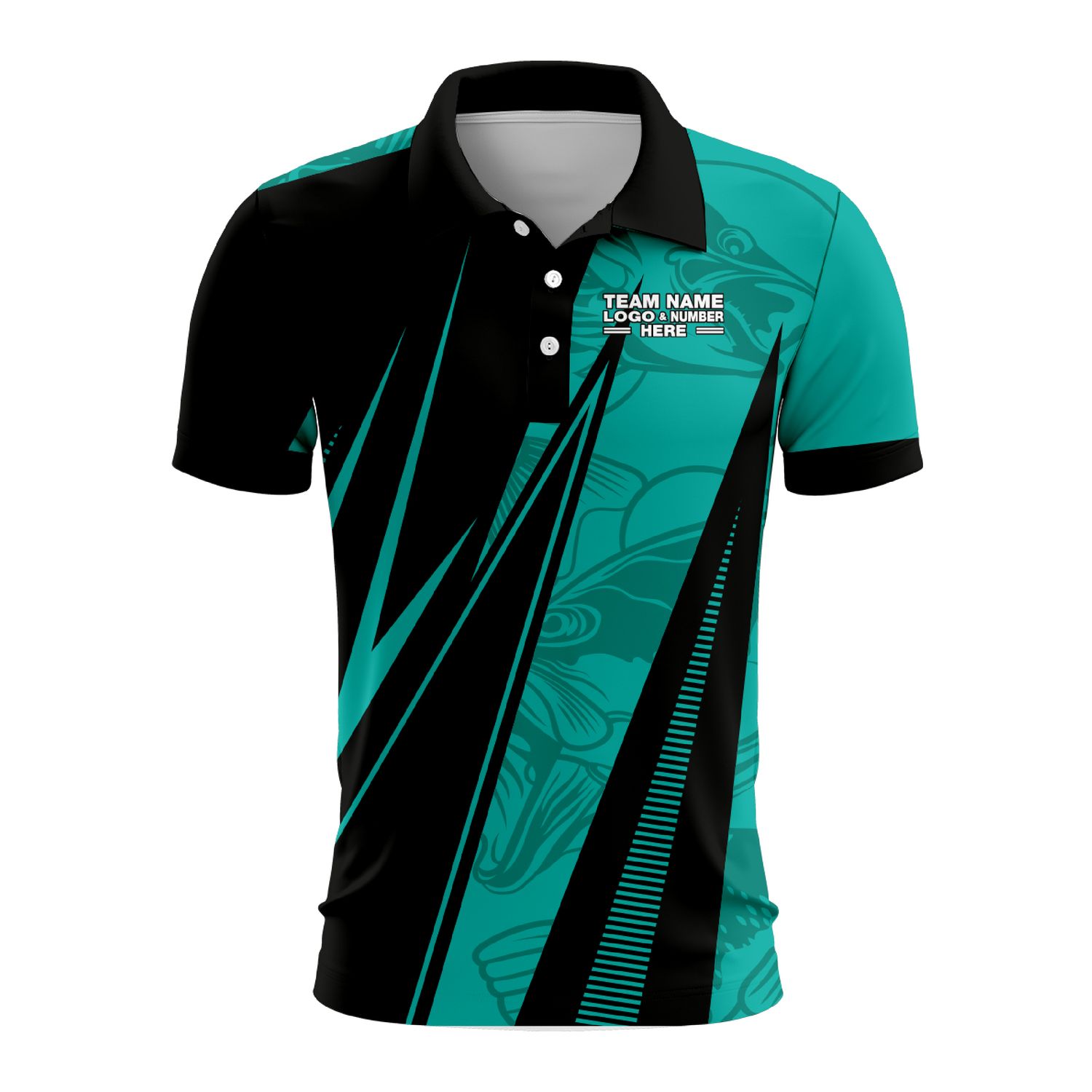 Custom Fully Sublimated Electric Fishing Pattern Black Teal Performance Polo Shirt 09030
