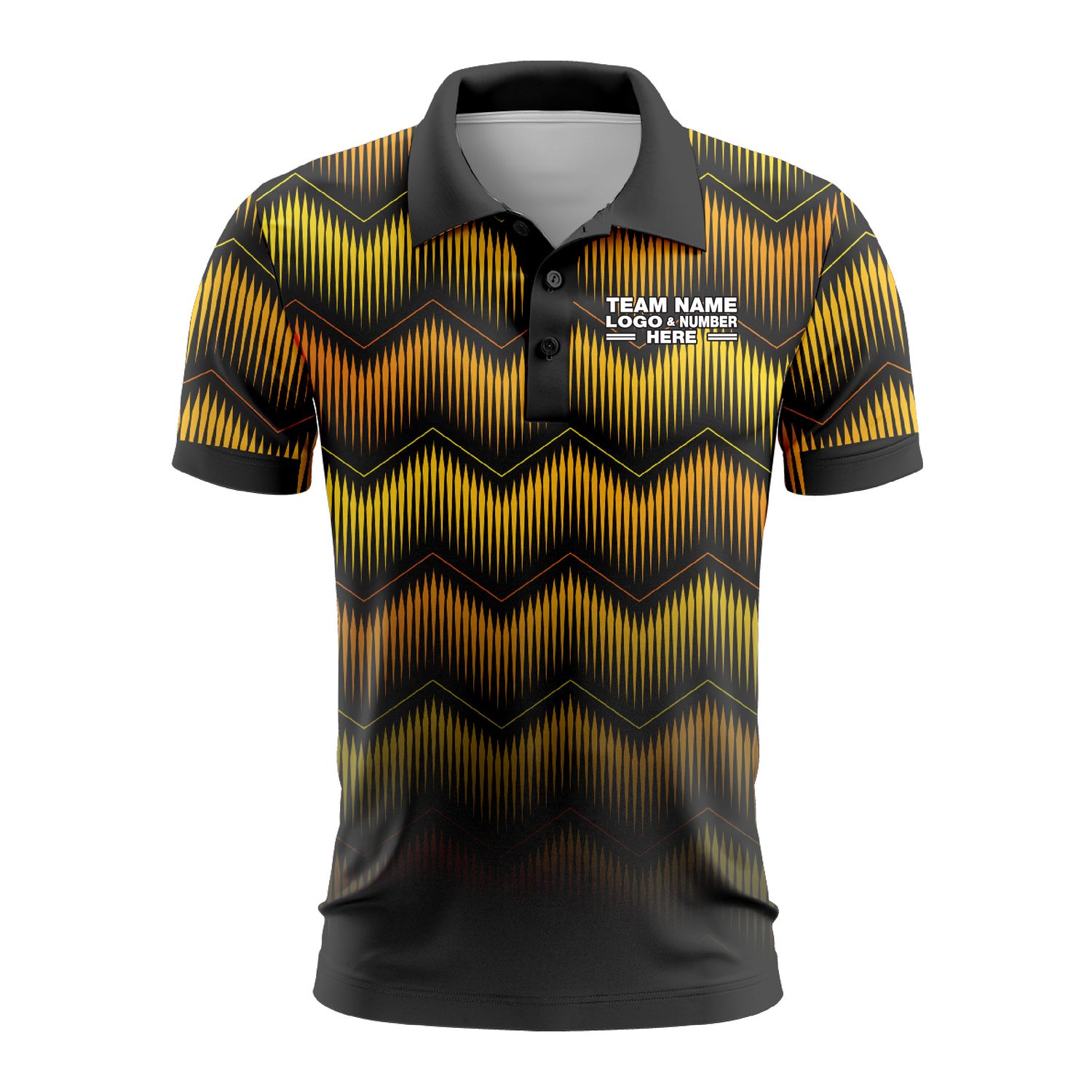 Custom Fully Sublimated Fushion Pattern Black Yellow Orange Performance Polo Shirt 9370
