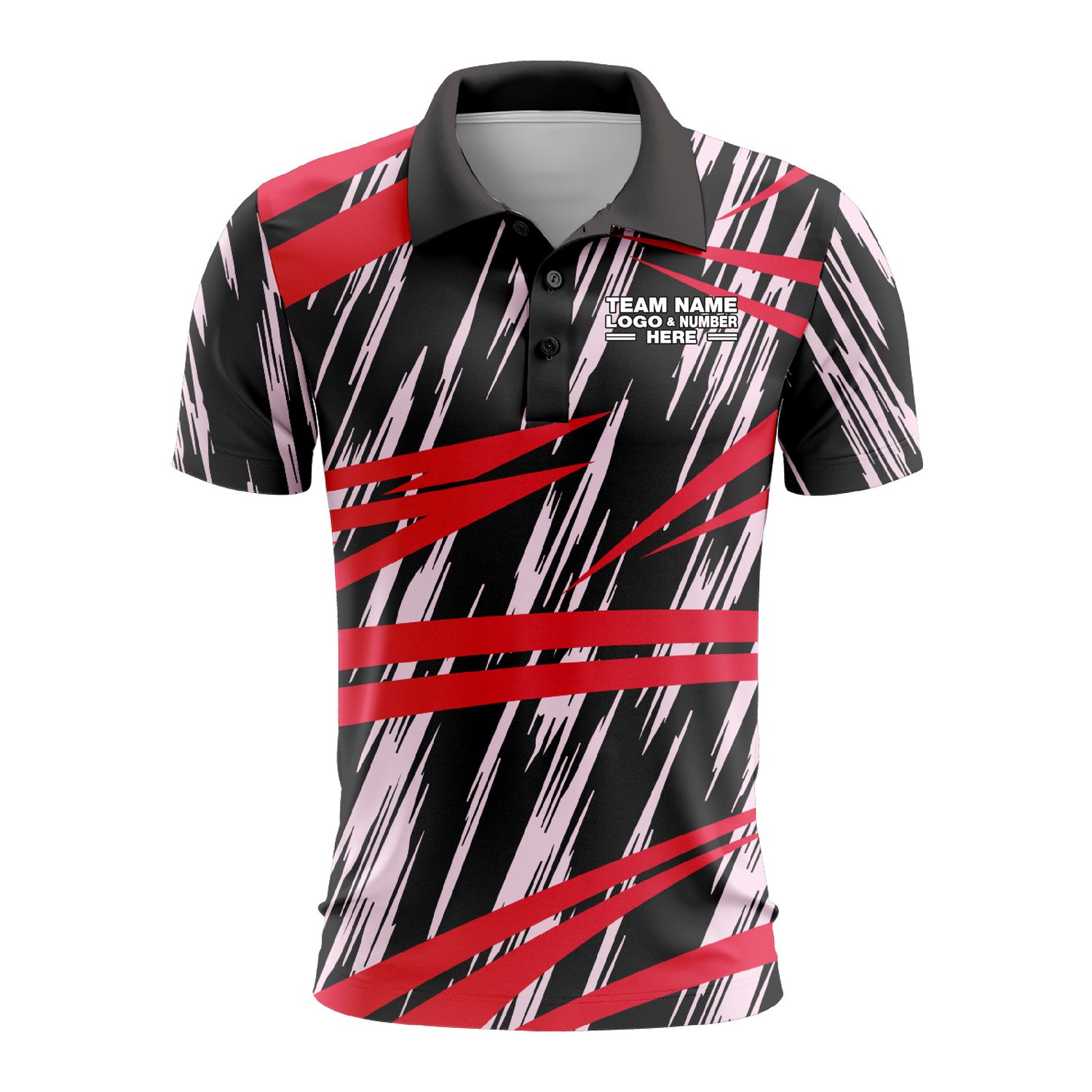 Custom Fully Sublimated Ripped Pattern Black Pink Red Performance Polo Shirt 9482